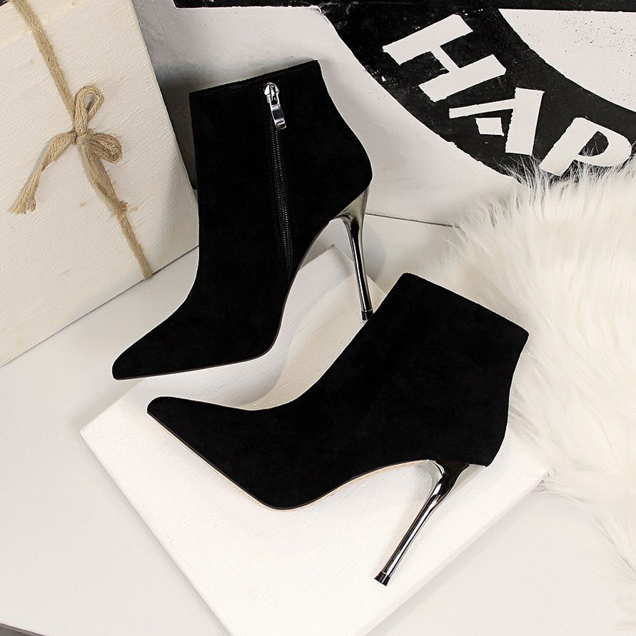 Ladies Pointed Toe Suede Shoes Women's Simple Stiletto High Heels Boots Black