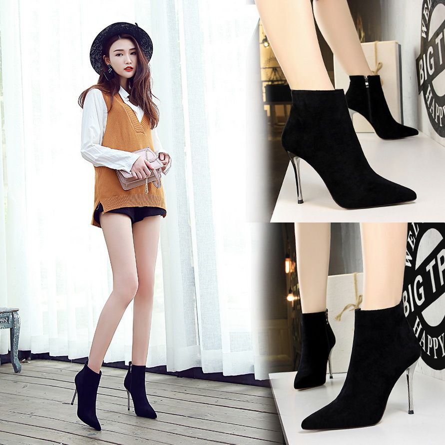 Ladies Pointed Toe Suede Shoes Women's Simple Stiletto High Heels Boots Black