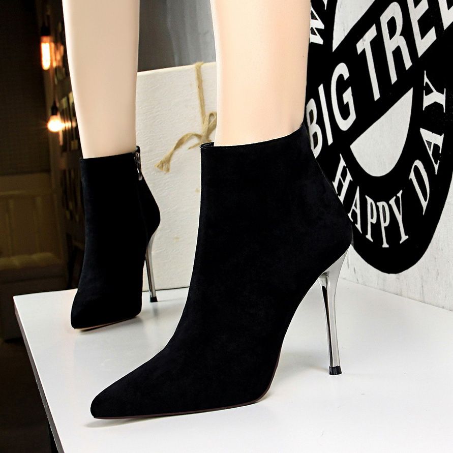 Ladies Pointed Toe Suede Shoes Women's Simple Stiletto High Heels Boots Black