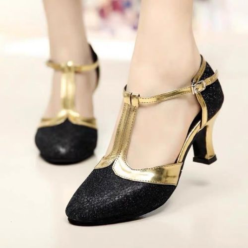 Women Ladies Dance Shoes Girls Mid Heel Dress Sandals-Black