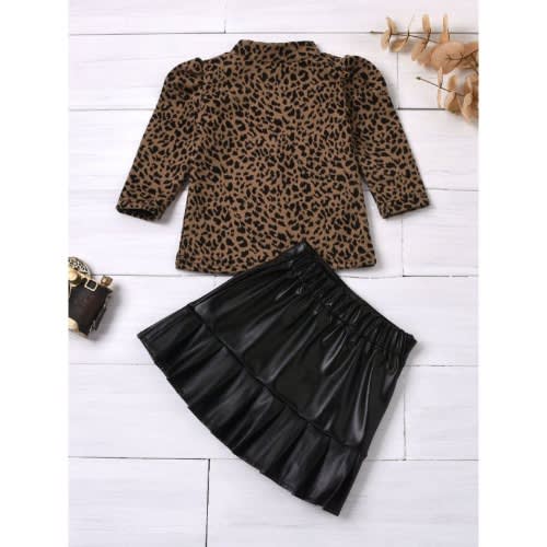 2 Pieces Kid Girl Leopard Puff Sleeve Top With Pu Ruffle Hem Skirt Set