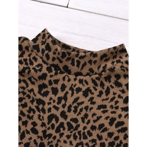 2 Pieces Kid Girl Leopard Puff Sleeve Top With Pu Ruffle Hem Skirt Set