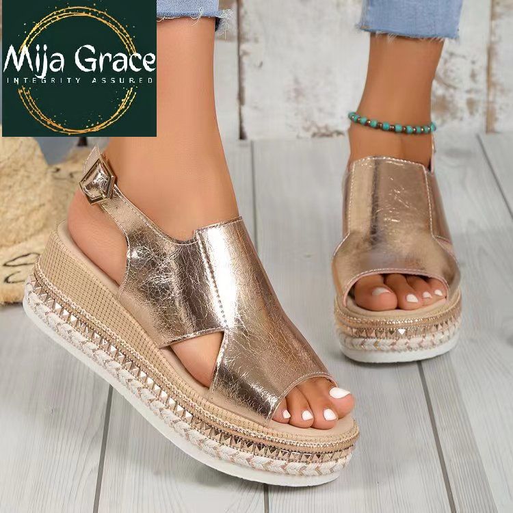 Women's Casual Ankle Buckle Wedge Sandals - GOLD