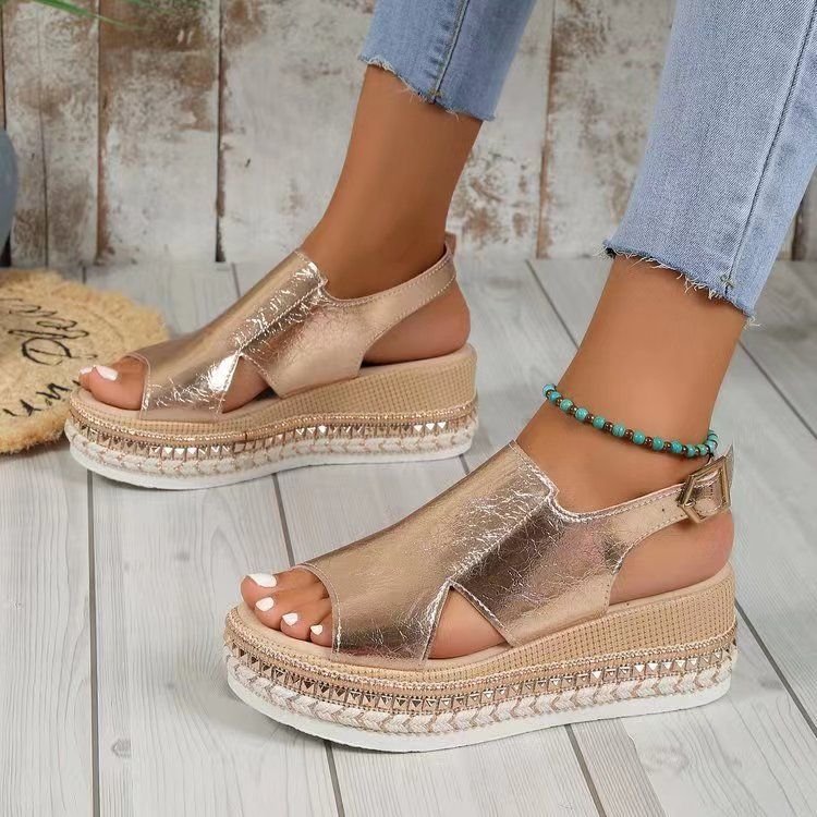 Women's Casual Ankle Buckle Wedge Sandals - GOLD