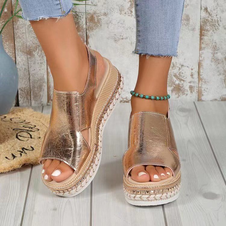 Women's Casual Ankle Buckle Wedge Sandals - GOLD