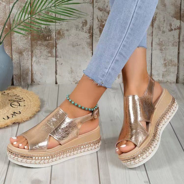 Women's Casual Ankle Buckle Wedge Sandals - GOLD