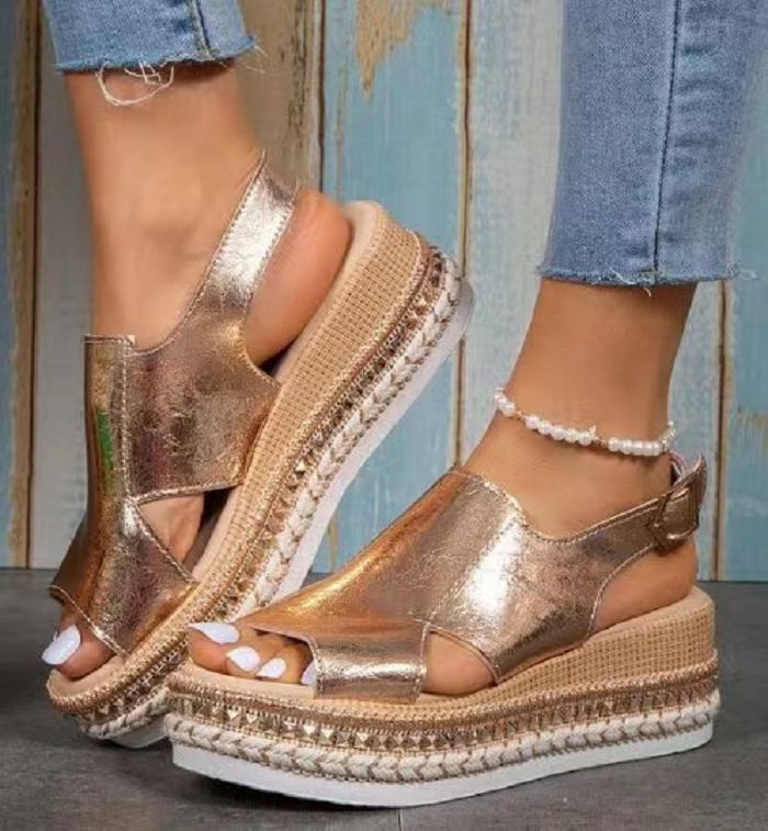 Women's Casual Ankle Buckle Wedge Sandals - GOLD