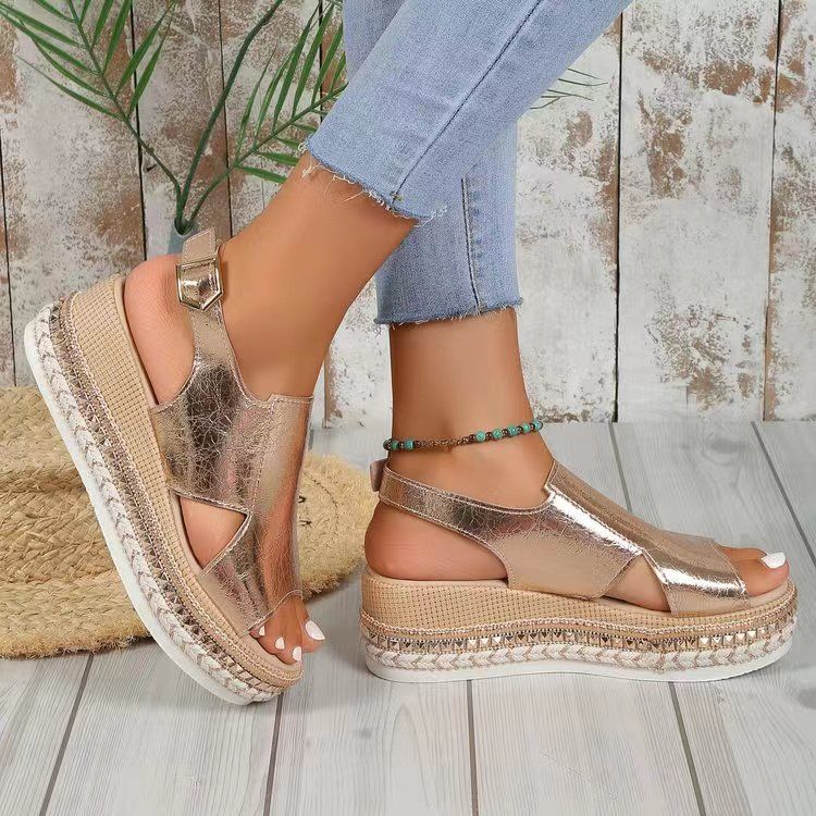 Women's Casual Ankle Buckle Wedge Sandals - GOLD