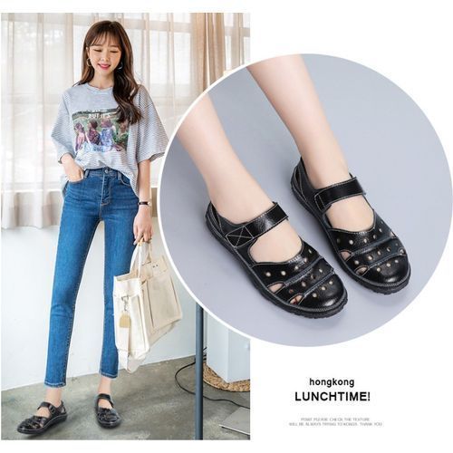 Women's Hollow Sandal Flat Casual Shoes Velcro Hole Shoes