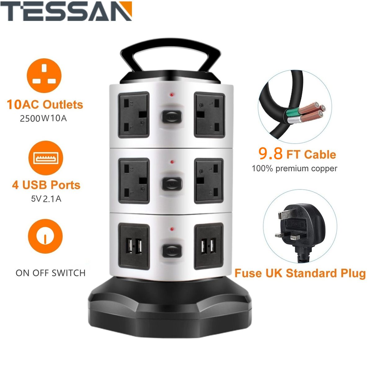10 Sockets Extension Box Power Strip With 4 USB Ports