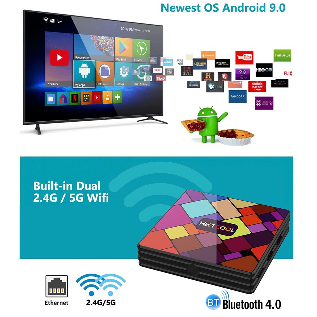 HK1COOL 4K UHD Smart TV Box With Remote Controller, Android 9.0 RK3318 Quad-core Cortex-A53, 4GB+64GB, Support WiFi & BT & AV & HDMI & RJ45 & TF Card