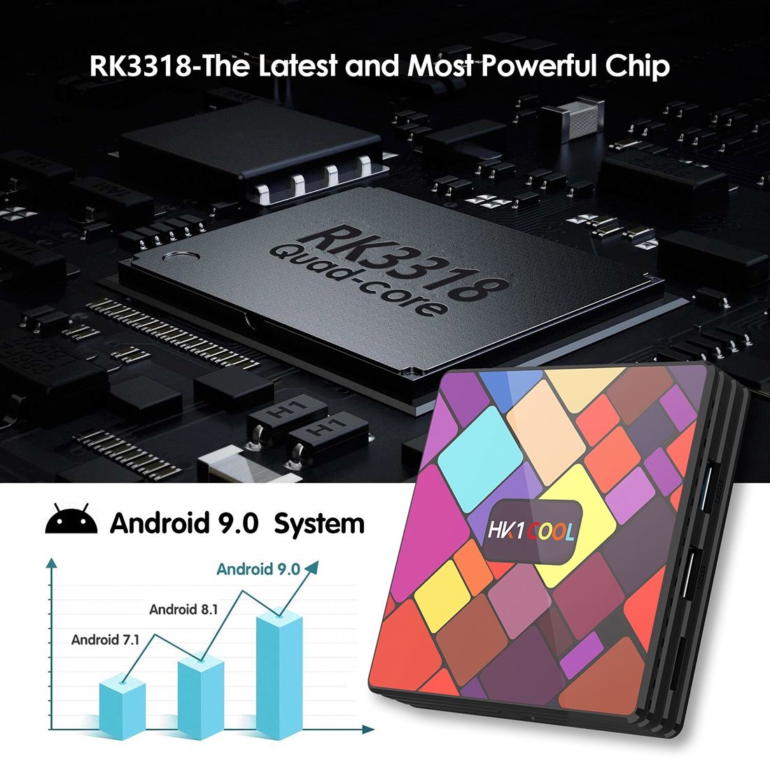 HK1COOL 4K UHD Smart TV Box With Remote Controller, Android 9.0 RK3318 Quad-core Cortex-A53, 4GB+64GB, Support WiFi & BT & AV & HDMI & RJ45 & TF Card