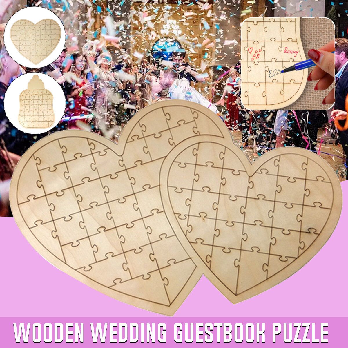 Personalized Guest Book Heart Wooden Wedding Guestbook Puzzle Decoration Guest Book Sign Pages Milk Bottle