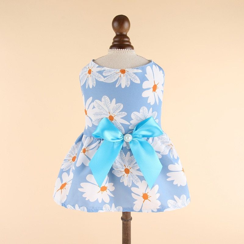 Dog Skirt Sweet Cute Small Fresh Thin Buckle Bow Princess Dress-light Blue