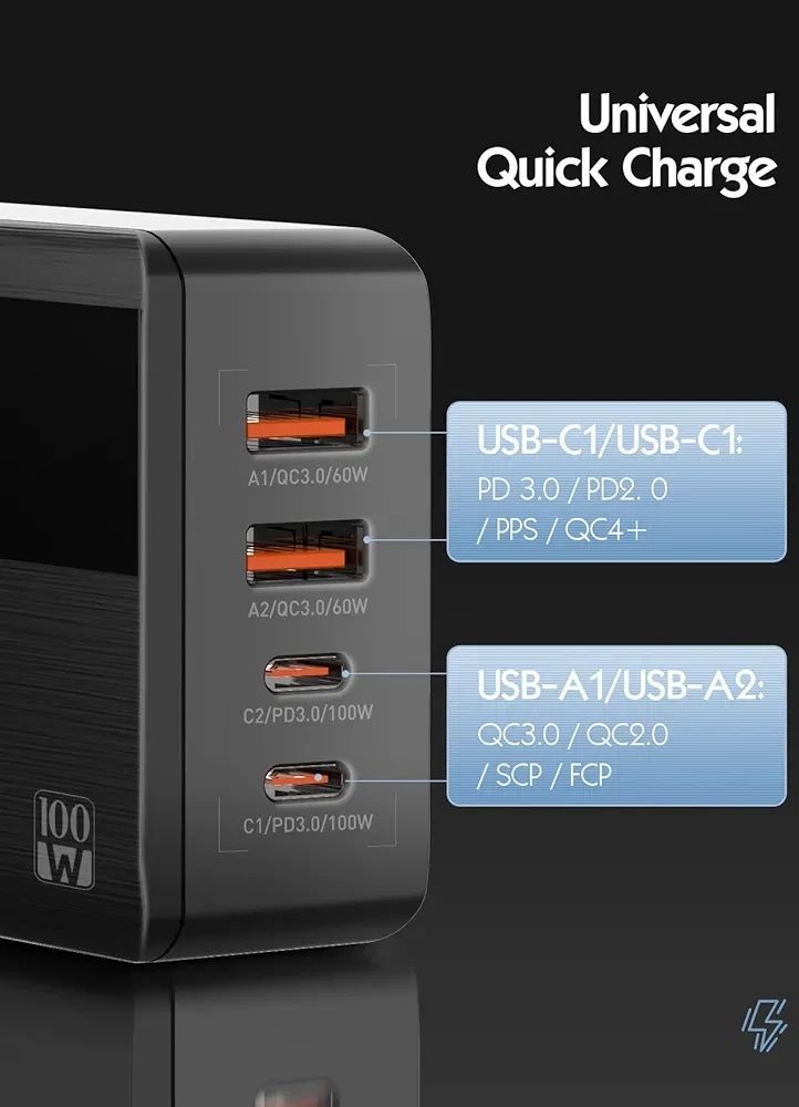 A4809c Universal 100w Super Fast Desktop USB Charger With LED  Display 4 Port USB Charger