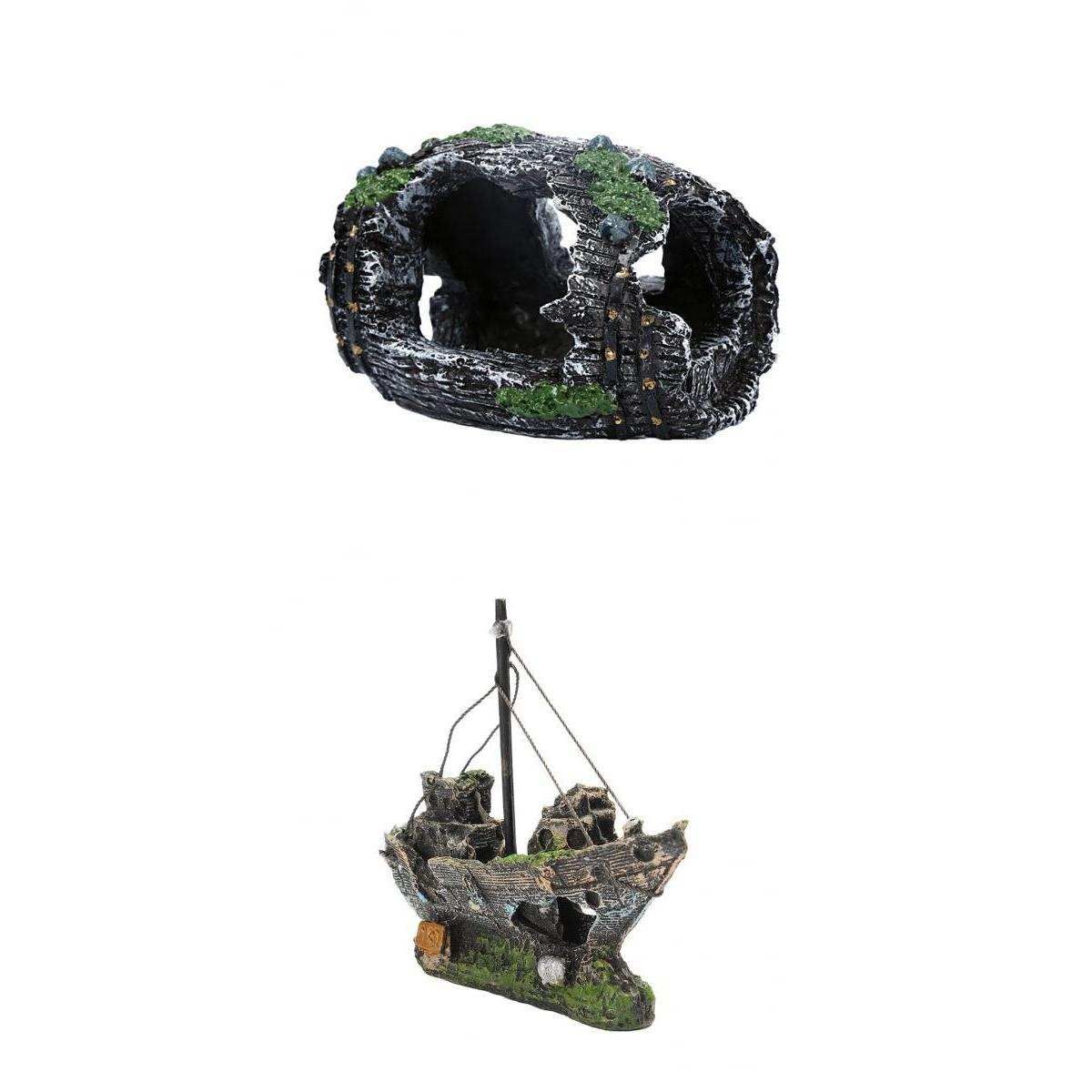 2 Pcs Aquarium Ornament Wreck Sailing & Sunk Ship