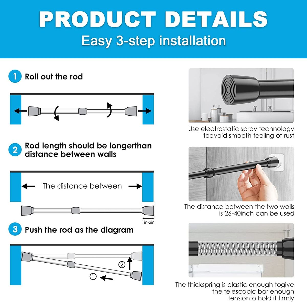 MEXAU 1Pack Spring Tension Curtain Rod 26-39 Inch Rods Black