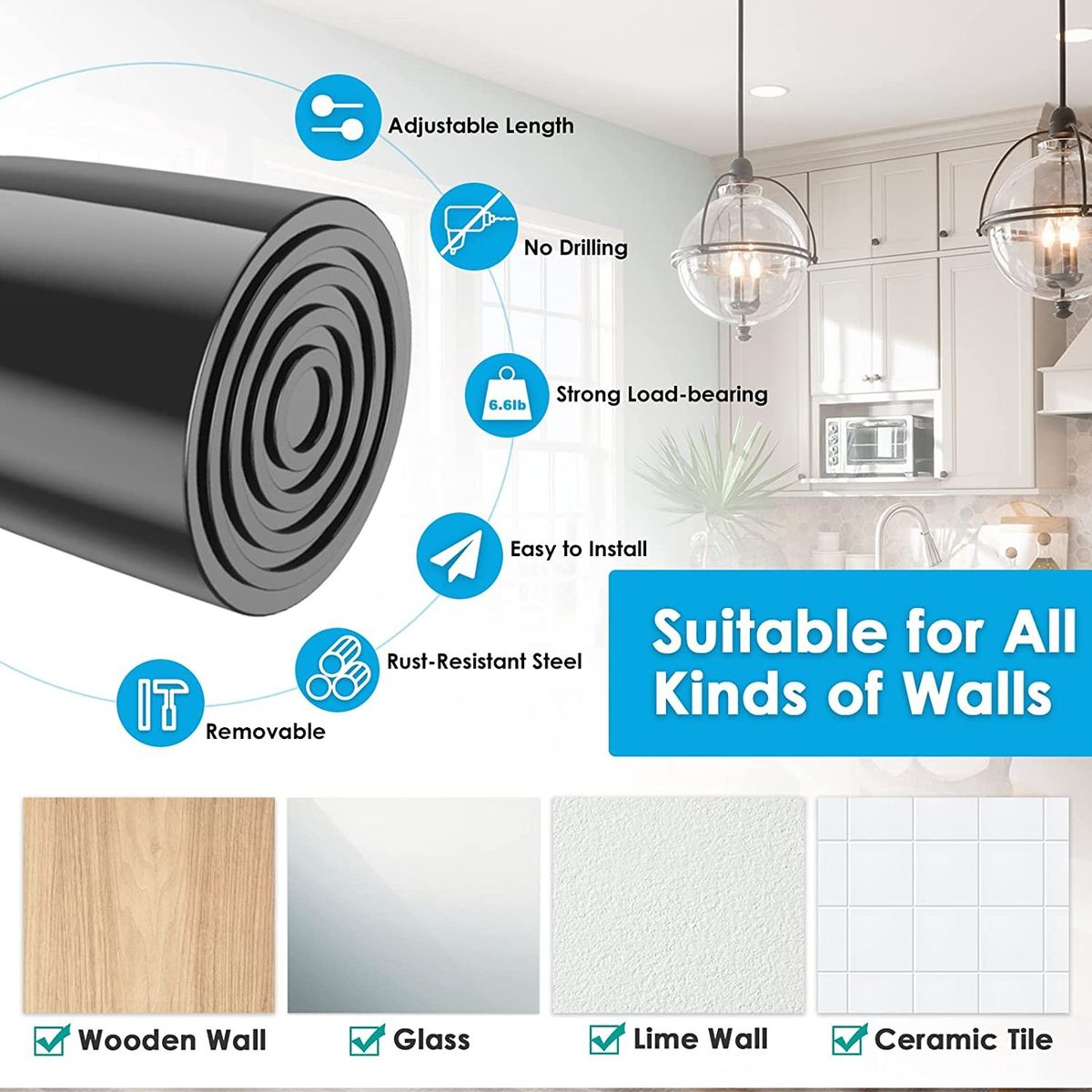 MEXAU 1Pack Spring Tension Curtain Rod 26-39 Inch Rods Black