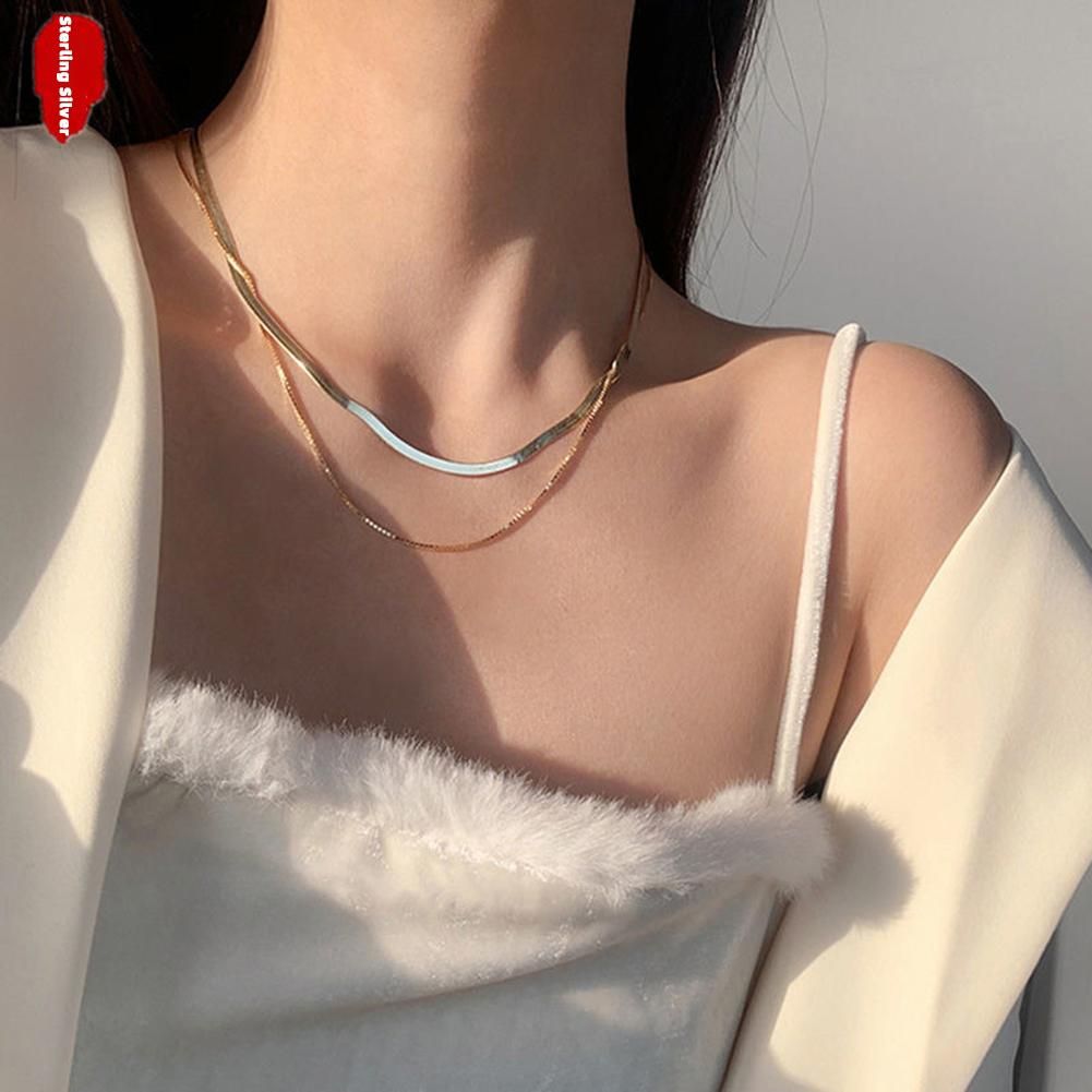 Stylish 925 Silver Necklace Double Layered Snake Bone