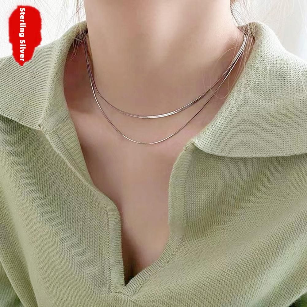 Stylish 925 Silver Necklace Double Layered Snake Bone