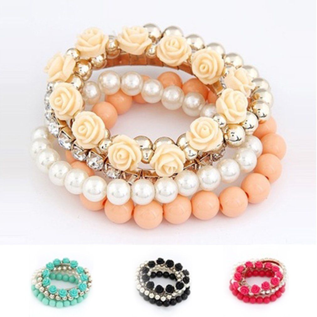 Mix Flower Beads Stretch Bracelet Temperament Alloy Resin Rhinestone Bangle