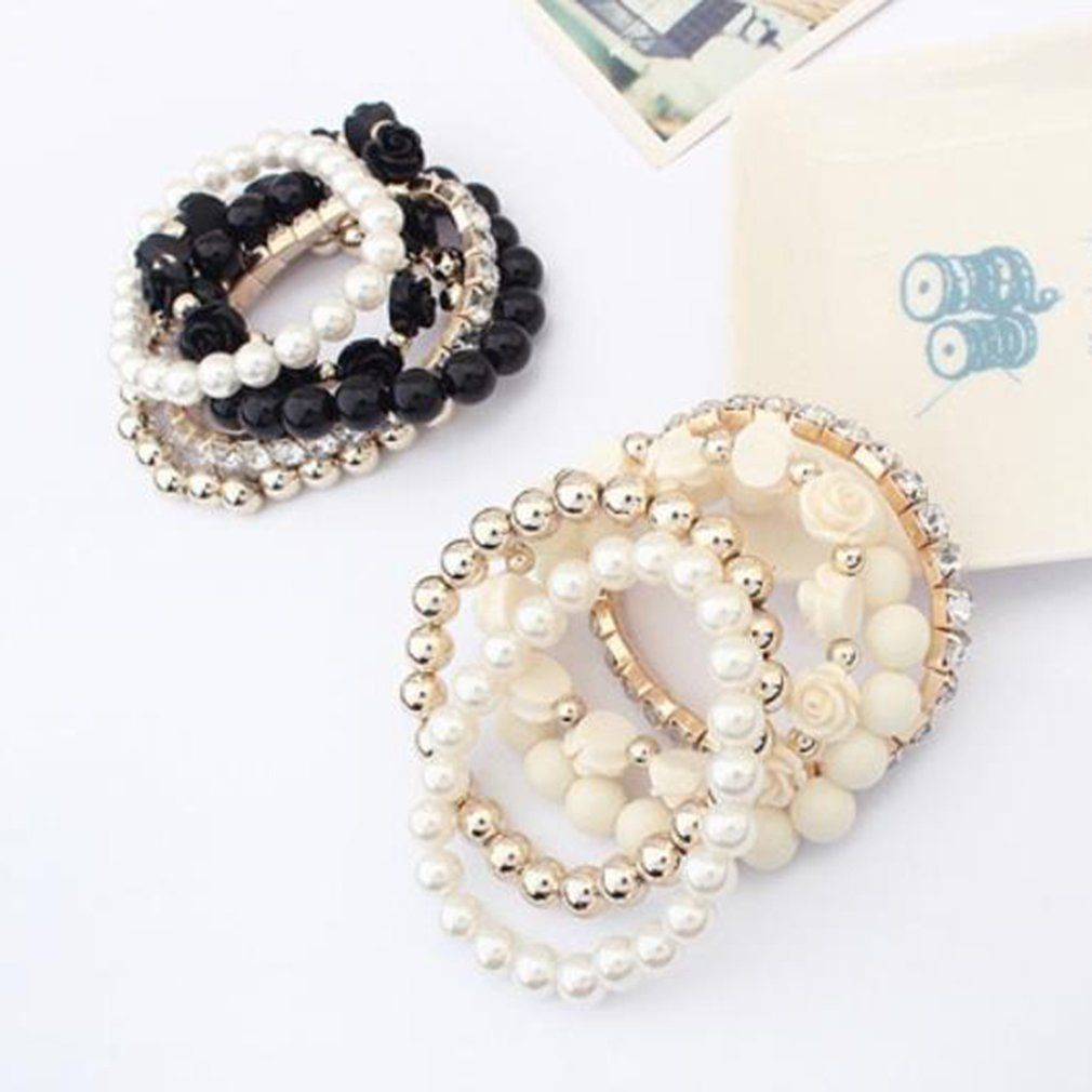 Mix Flower Beads Stretch Bracelet Temperament Alloy Resin Rhinestone Bangle