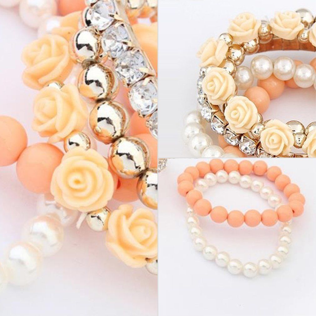 Mix Flower Beads Stretch Bracelet Temperament Alloy Resin Rhinestone Bangle