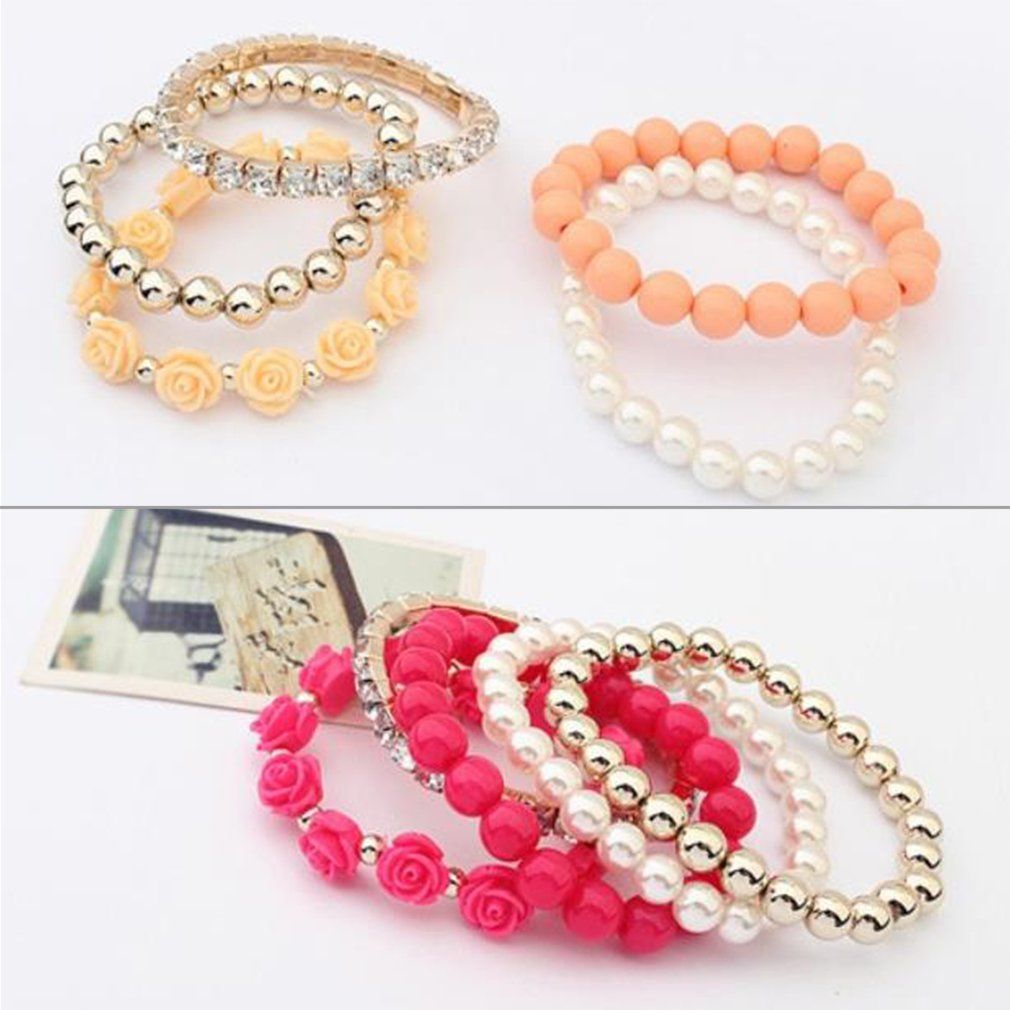 Mix Flower Beads Stretch Bracelet Temperament Alloy Resin Rhinestone Bangle