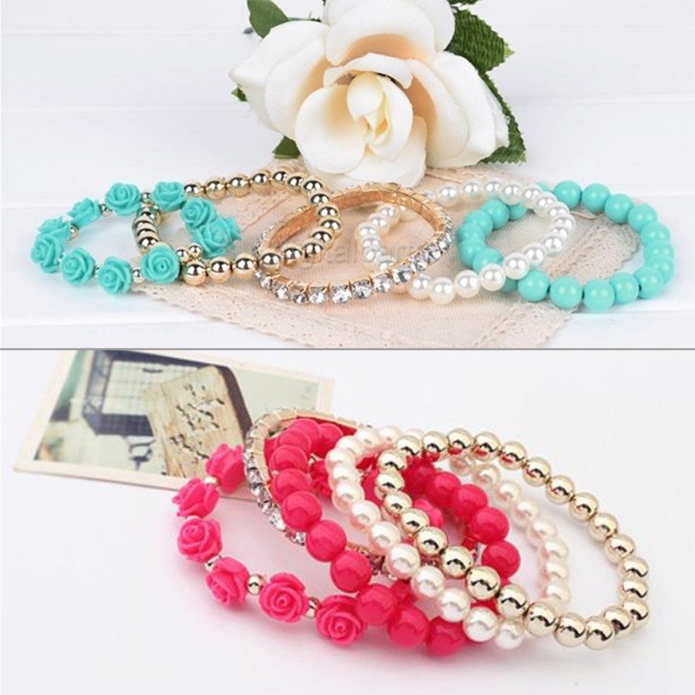 Mix Flower Beads Stretch Bracelet Temperament Alloy Resin Rhinestone Bangle