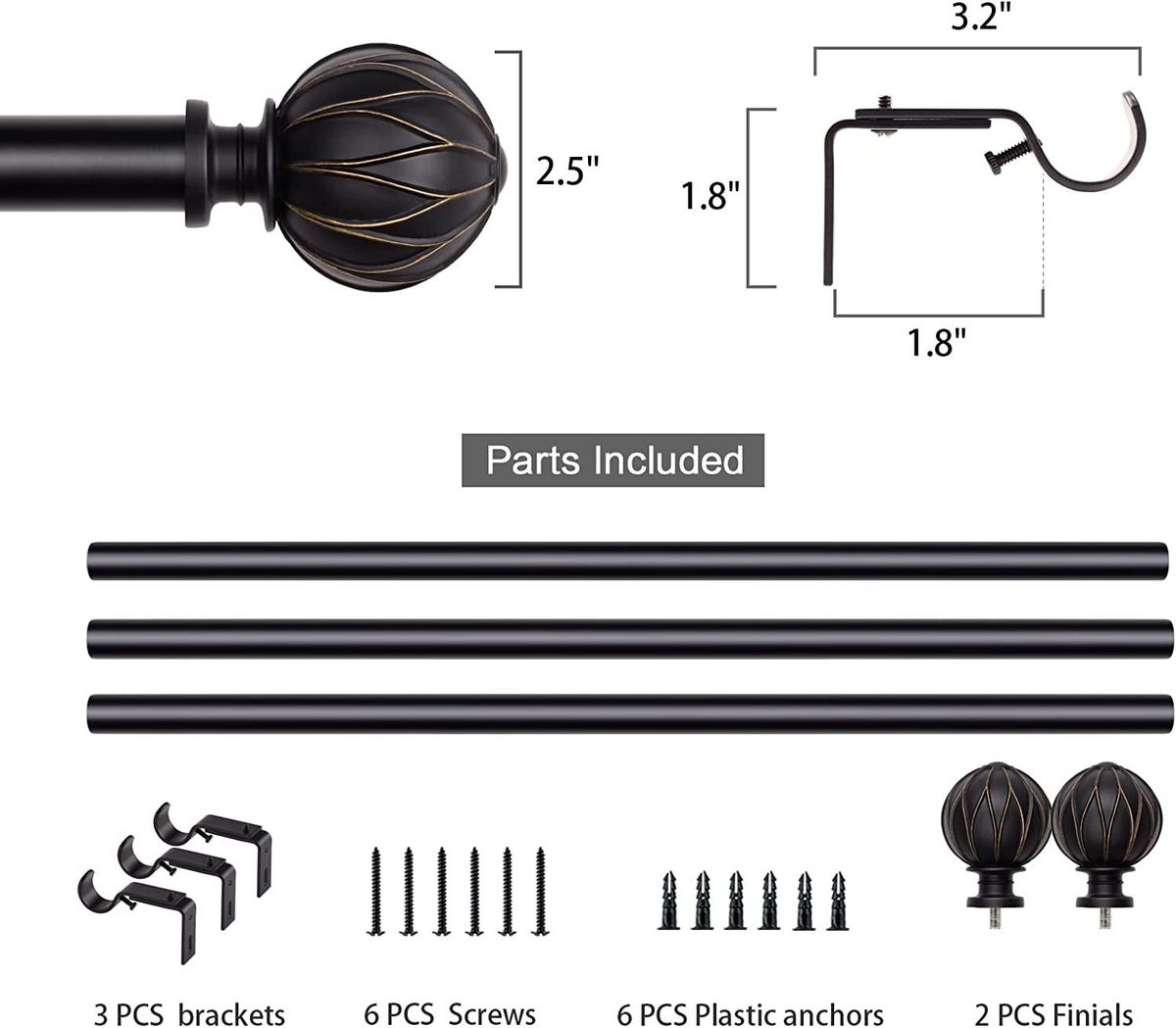 SZXIMU 1 Inch Curtain Rods 72 To 144 Inches Black Adjustable