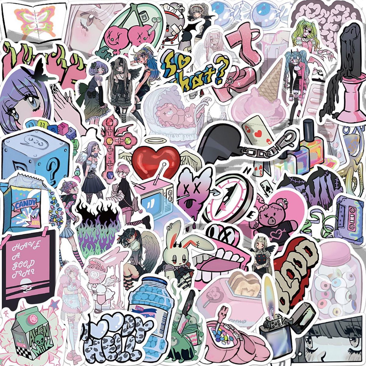 60 Sheets Scrapbook Stickers Anime Funny Luggage Stickers Multicolor