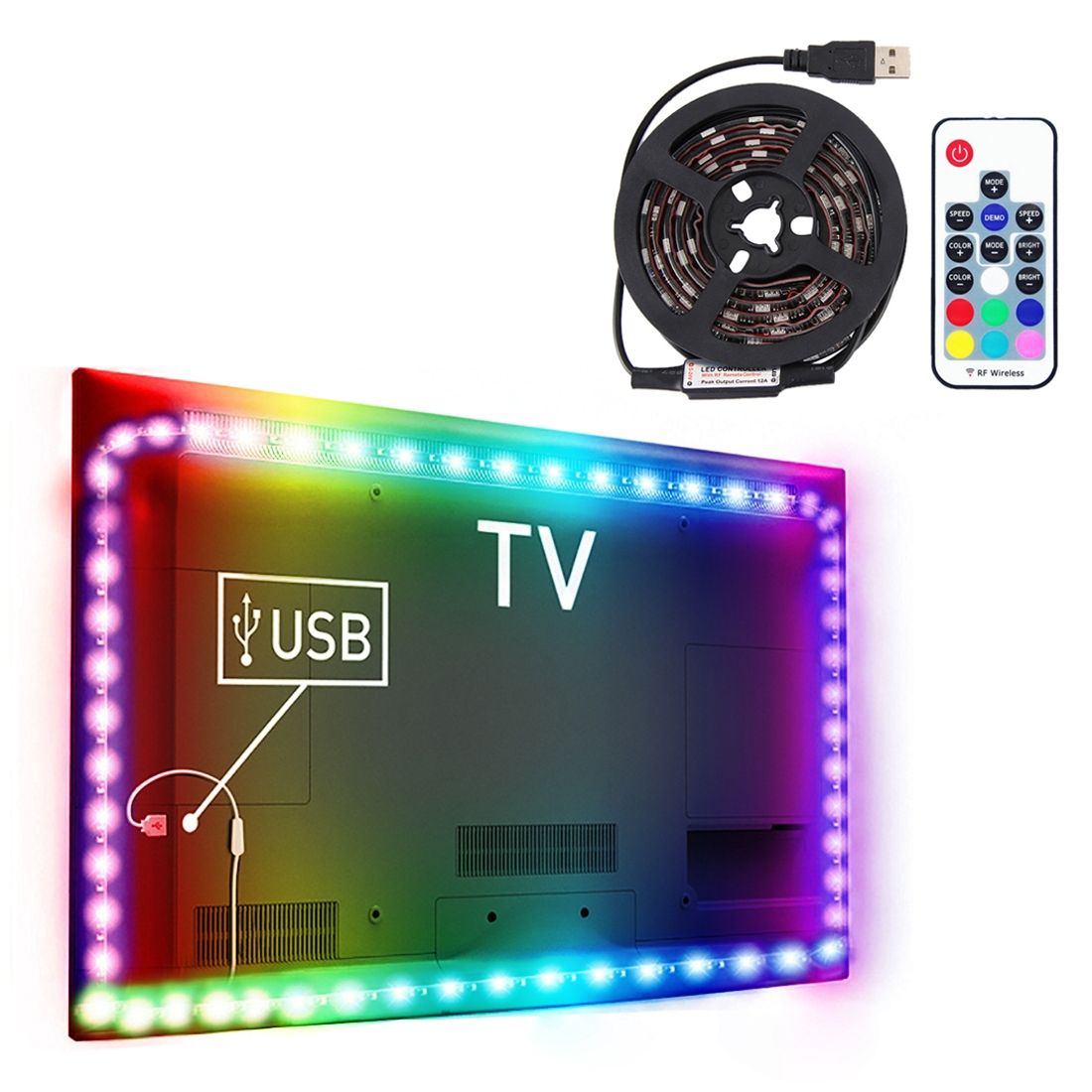 1m USB TV Black Board RGB Epoxy Rope Light, 12W 60 LEDs SMD 5050 With 17-keys RF Wireless Remote Control, DC 5V