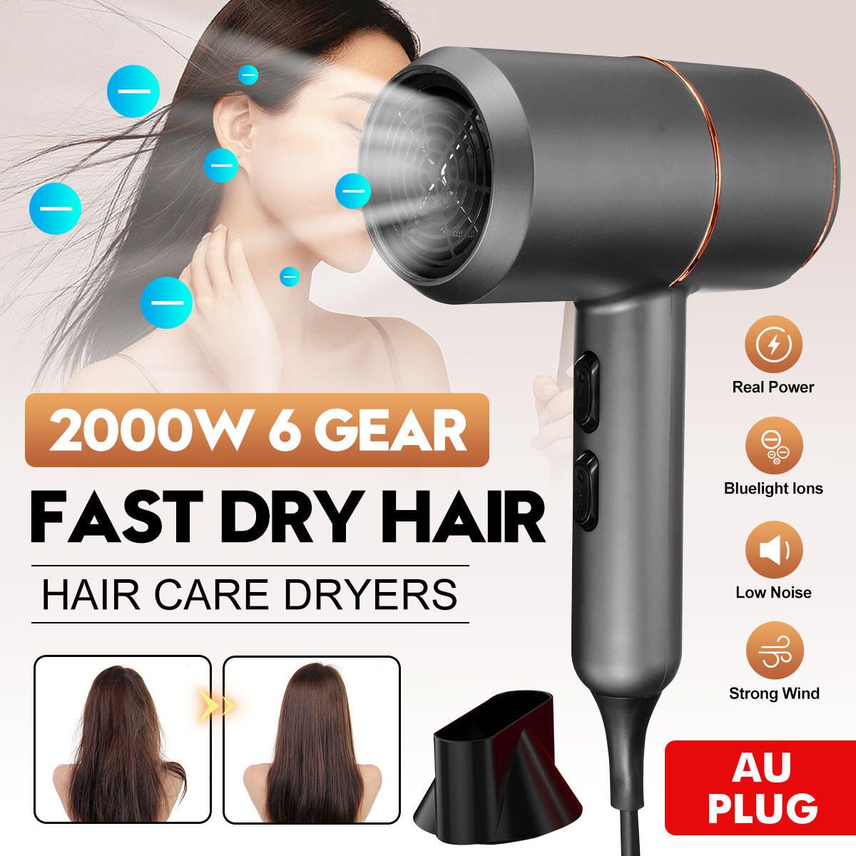 (6 Gear) Professional Blue Light Ions Salon Hair Dryer Low Noise Powerful Quick Dry Electric Blow Dryer For Bathroom Home-Optional Colors & Plug AU Plug (Grey)