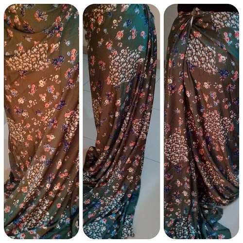 Dark Green Based Flower Patterned Silk 4 Yards
