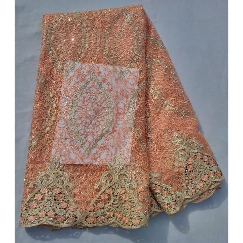 Embroidered & Bedazzled Swiss Voile Lace - Peach & Gold Details - 5 Yards