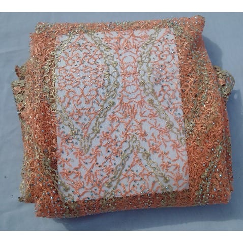Embroidered & Bedazzled Swiss Voile Lace - Peach & Gold Details - 5 Yards