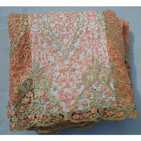 Embroidered & Bedazzled Swiss Voile Lace - Peach & Gold Details - 5 Yards