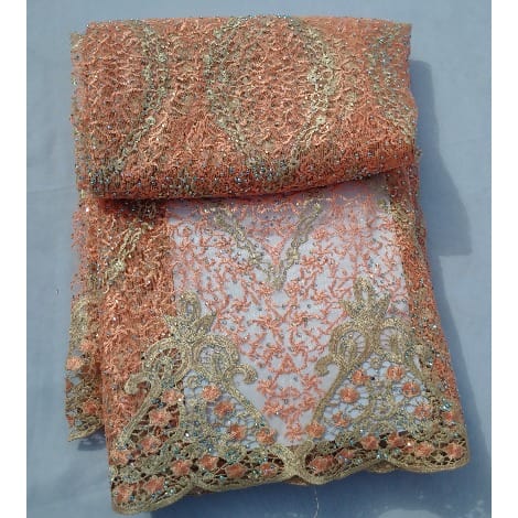 Embroidered & Bedazzled Swiss Voile Lace - Peach & Gold Details - 5 Yards