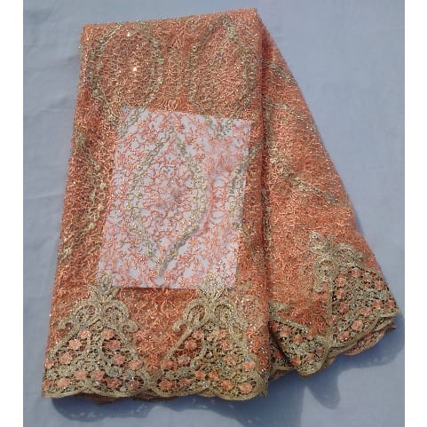 Embroidered & Bedazzled Swiss Voile Lace - Peach & Gold Details - 5 Yards