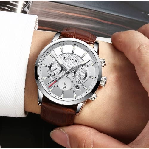 Crrju Silver Interior Leather Wristwatch - Brown