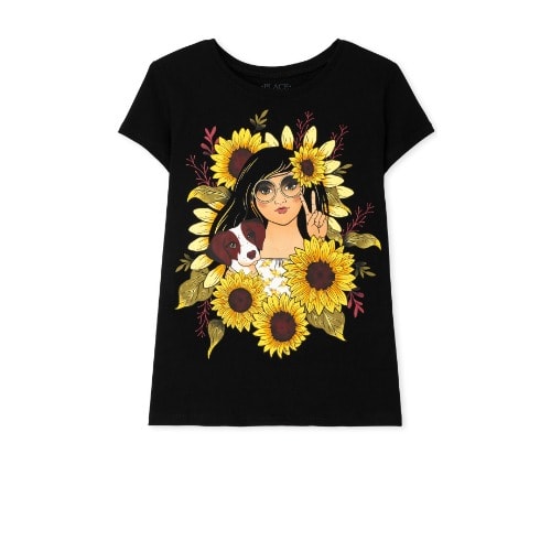 Girls Sunflower Glitters Graphic Top -  Black Yellow