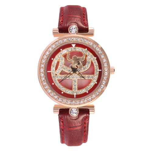 Leather Red  Diamond Stone Spinning Wrist Watch
