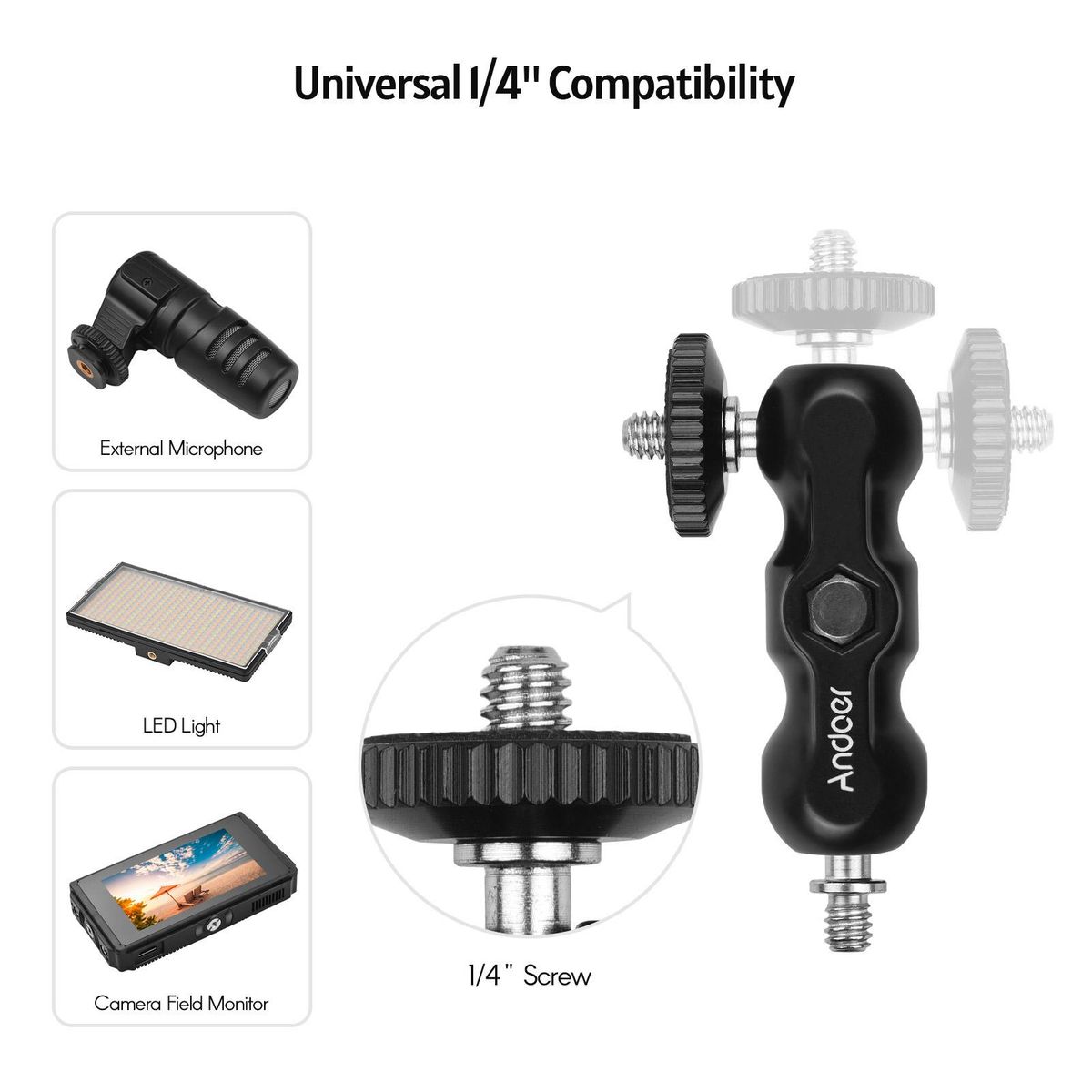 Andoer Articulating Friction Arm Monitor Mount with Double Ballhead Standard 1/4-inch Screw for Camera Monitor LED Light Microphone Video Rig