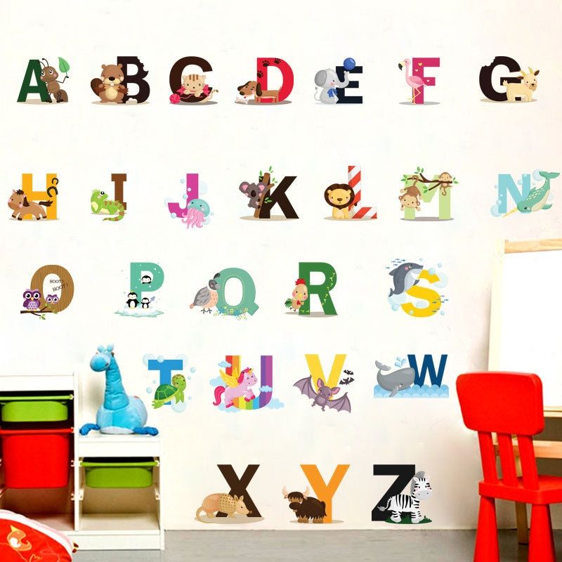 2 PCS SY301 Cartoon Animal 26 English Letter Children Room Wall Stickers
