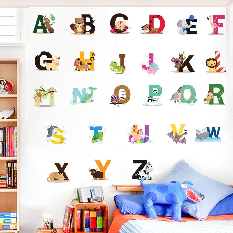 2 PCS SY301 Cartoon Animal 26 English Letter Children Room Wall Stickers