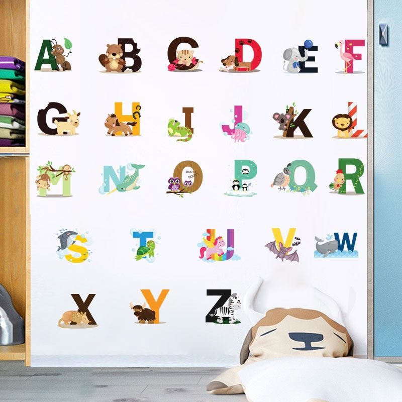 2 PCS SY301 Cartoon Animal 26 English Letter Children Room Wall Stickers