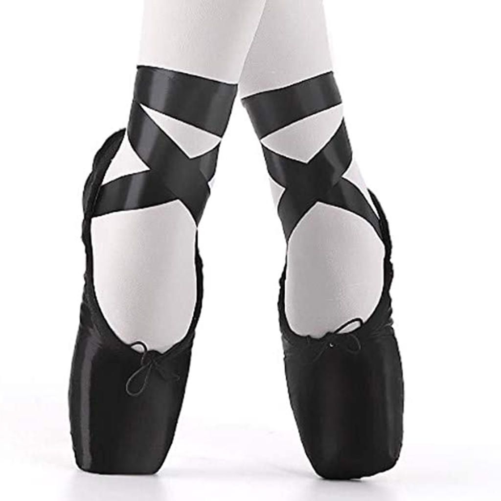 Ballet Pointe Shoes Satin Upper With Ribbon Dance Flat Sole Black 38