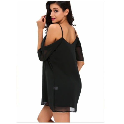 Off Shoulder Chiffon Mini Dress - Black