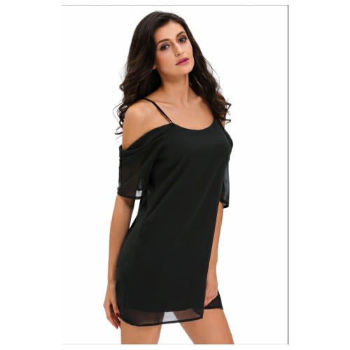 Off Shoulder Chiffon Mini Dress - Black