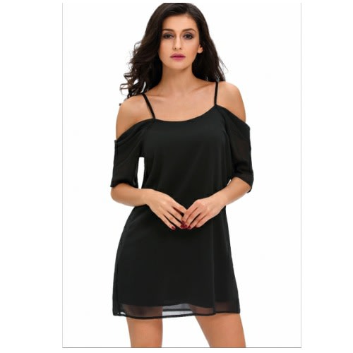 Off Shoulder Chiffon Mini Dress - Black